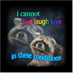 I cannot live laugh love in these conditions raccoon meme Posters and Art